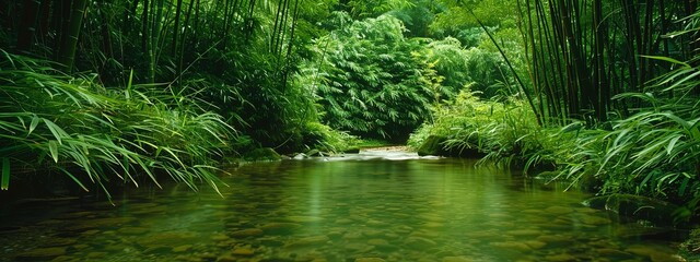 Stream flows through a dense bamboo forest in a serene natural setting