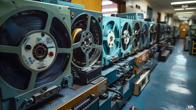 Vintage Mainframe Tape Drives in Retro Computer Lab. Concept Vintage Tech, Retro Aesthetic, Computer History, Tape Drives, Mainframe Technology