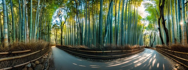 Walking path winding through thick bamboo thickets in Japanese forest, ultra wide angle