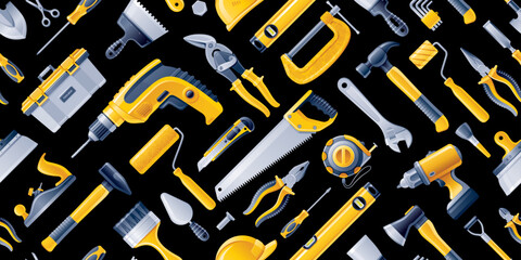 Repair tools seamless pattern. Construction set with hammer saw drill pliers background. Hardware, carpentry, repair and mechanic work toolbox pattern. Builder, plumber, handyman tool equipment