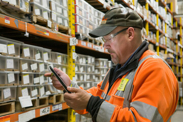 Diligent Warehouse Worker Checking Inventory With Digital Tablet Among Shelves