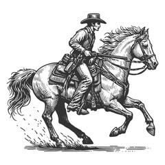 cowboy riding a galloping horse, with detailed hatching and dynamic motion sketch engraving generative ai fictional character vector illustration. Scratch board imitation. Black and white image.