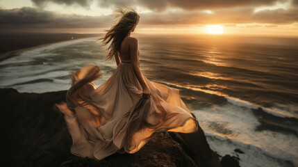Woman Overlooking Ocean Sunset