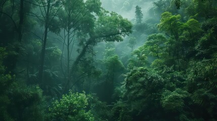 An atmospheric and moody image of a dense forest with various shades of green, highlighting the beauty and mystery of nature amidst fog - obrazy, fototapety, plakaty