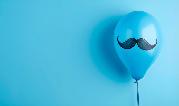 Blue ballon with a mustache on a blue background. Happy Father’s Day or Birthday greeting card. Good luck and success for a man.