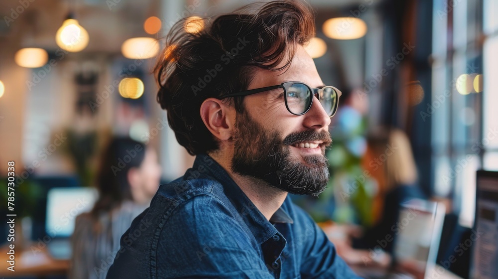 Poster Man With Beard and Glasses Working on Computer