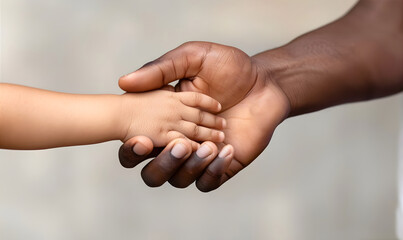 Сlose-up of a man's hand holding a child's hand. Happy Father&rsquo;s Day greeting card. Children's Day.
