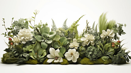 Fototapeta premium Plantes, fleurs et végétaux. Fond blanc avec espace vide de composition pour création et conception graphique. Feuilles, branchage, nature, tropical.