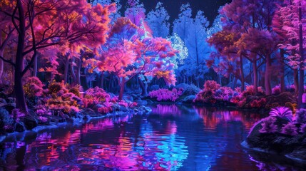 This is an artistic representation of a serene forest landscape with a tranquil river, featuring trees with vibrant purple and pink foliage reflecting in the water