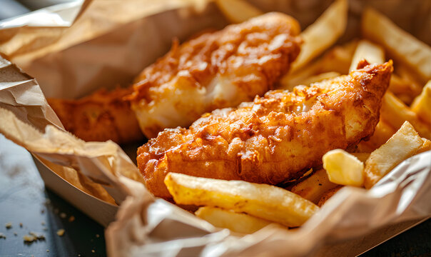 Fish and chips, tartar sauce and a slice of lemon on a card box lunchbox. Greeting card with copy space for National Fish and Chips Day. - Powered by Adobe