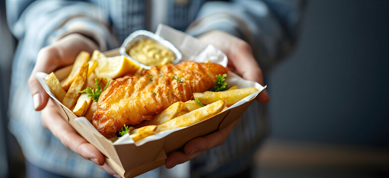Close up waiter holding Fish and chips, tartar sauce Illustration for National Fish and Chips Day. - Powered by Adobe
