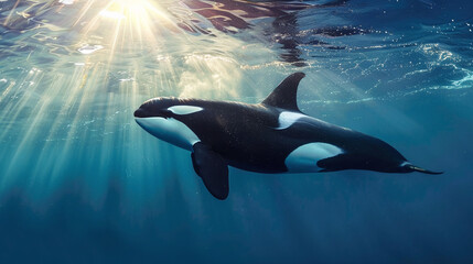 Wonderful photo of an orca underwater with sunrays breaking through the ocean water - obrazy, fototapety, plakaty