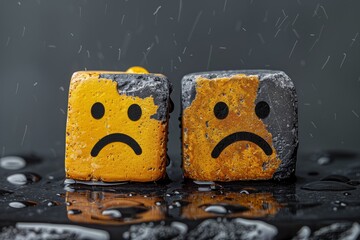 Saddened yellow emotion cubes with water droplets