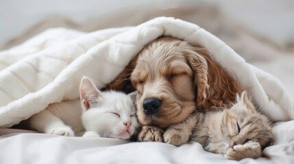 Cat and dog peacefully sleeping together, showcasing the bond of love and friendship between kitten and puppy, reflecting the care and companionship found in domestic animals.
