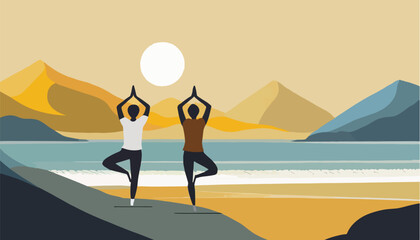 Two silhouettes of men in yoga posture,  seaside and  mountain landscape background. Simple geometric shapes, flat illustration design.