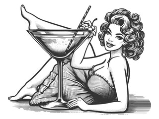 retro pin-up girl enjoying a martini alcohol glass, epitomizing vintage charm and cocktail culture sketch engraving generative ai vector illustration. Scratch board imitation. Black and white image. - obrazy, fototapety, plakaty