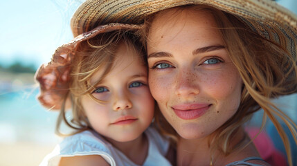 portrait mother and child in summer wearing hat