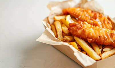Fish and chips, tartar sauce and a slice of lemon on a card box lunchbox. Greeting card with copy space for National Fish and Chips Day.