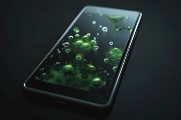 Digital representation of green virus cells on the screen of a modern smartphone, symbolizing technology and health. Virus Cells Concept on Smartphone Screen