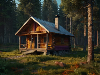 A wooden cabin on a lawn in the woods