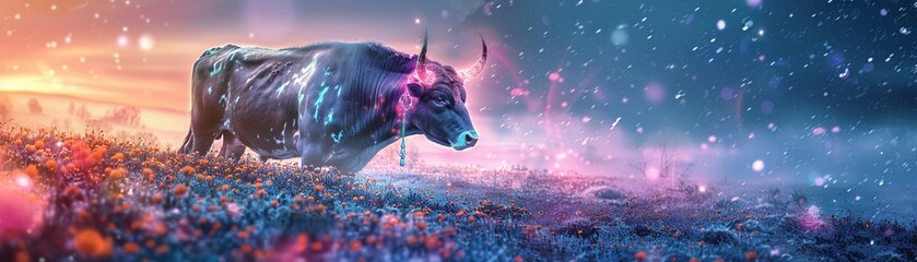 Taurus in a spring meadow, calm and strong, cinematic with wildflowers swaying in a gentle breeze