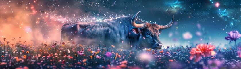 Taurus in a spring meadow, calm and strong, cinematic with wildflowers swaying in a gentle breeze - obrazy, fototapety, plakaty