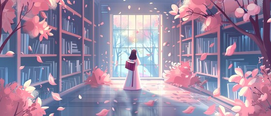 Virgo in a library, soft cinematic lighting through stained glass, surrounded by ancient books and autumn leaves - obrazy, fototapety, plakaty