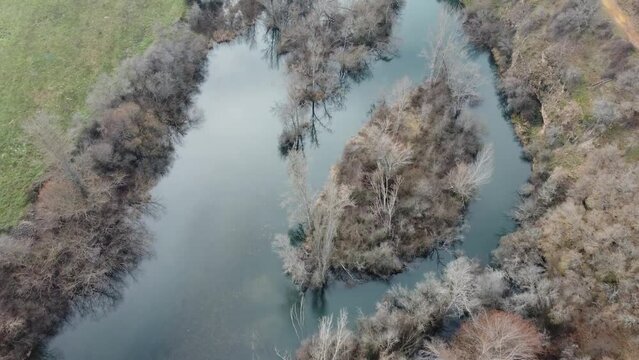 drone flying over the esla river in le&oacute;n on a winter morning with frozen trees. Video in blue and green tones