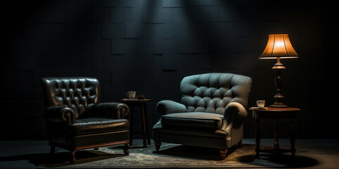 dark room with two cozy sofa and a table with a lamp
