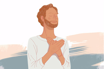 Man with closed eyes and hands on his chest, with emotion of peace and calmness