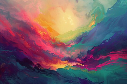 Embark on an abstract journey through thunderous landscapes where psychedelic colors dance amidst the storms
