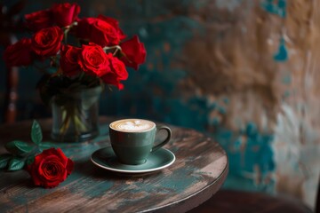 red roses and coffee cup on the tabel in old retro cafe. brown and gray colors