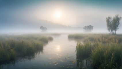 Fototapeta na wymiar morning mist on the river, morning on the lake, morning on the river
