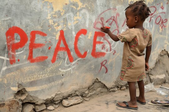child painting and imploring for peace