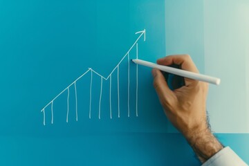 Close-up of a hand drawing an upward trend line on a blue statistical growth graph. - obrazy, fototapety, plakaty