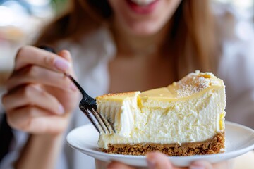 Detailed close-up of a woman relishing a slice of rich, creamy New York cheesecake