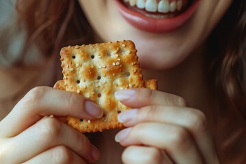 Detailed close-up of a woman munching on a crunchy, flavorful cracker