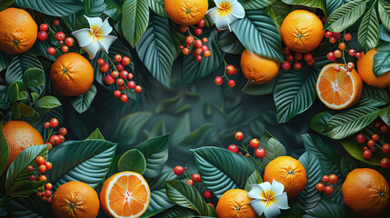 illustration orange fruits on the background of leaves