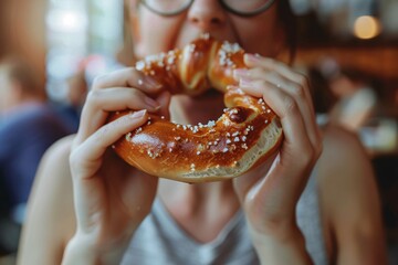 Detailed close-up of a woman munching on a crispy, salty pretzel - obrazy, fototapety, plakaty