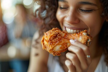 Detailed close-up of a woman munching on a crispy, golden-brown fried chicken drumstic - obrazy, fototapety, plakaty