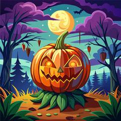 Eerie Halloween night with grinning pumpkin. Enchanted forest setting with glowing jack-o-lantern. Concept of spooky adventure, mystical autumn night, and Halloween festivity. Vector illustration