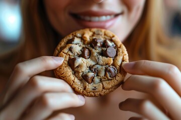 Detailed close-up of a woman munching on a chewy, sweet cookie - obrazy, fototapety, plakaty