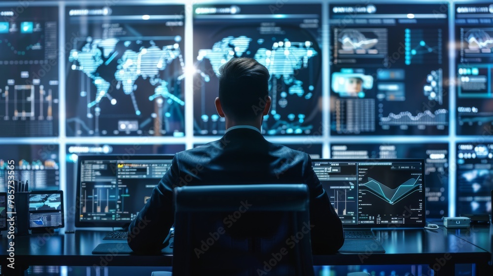 Poster professional analyst monitoring global data at night