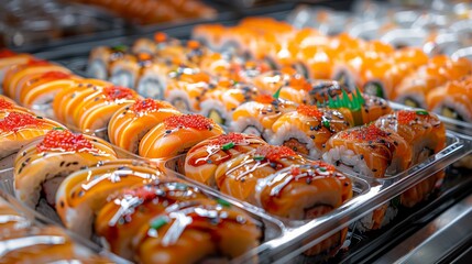 there are many different types of sushi on a tray - obrazy, fototapety, plakaty