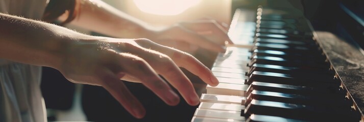 Musician's hands skillfully playing a melody on a grand piano keyboard.