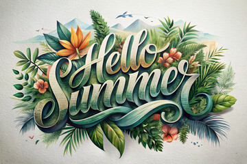 A  depiction reads "Hello Summer" surrounded by tropical leaves and flowers with mountainous landscape in the background