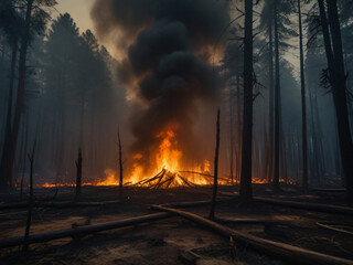 A devastating scene unfolds as forests are ravaged by deforestation and logging fires, Generative AI