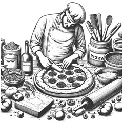 pizzaiolo chef adding toppings to a pepperoni pizza, surrounded by ingredients and cooking utensils sketch engraving generative ai vector illustration. Scratch board imitation. Black and white image. - obrazy, fototapety, plakaty