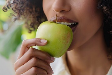 Close-up of a woman biting into a crisp, tart green apple - obrazy, fototapety, plakaty