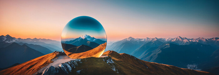 glass sphere on mountain at sunset, background, backdrop, wallpaper, copy space, space for text 
